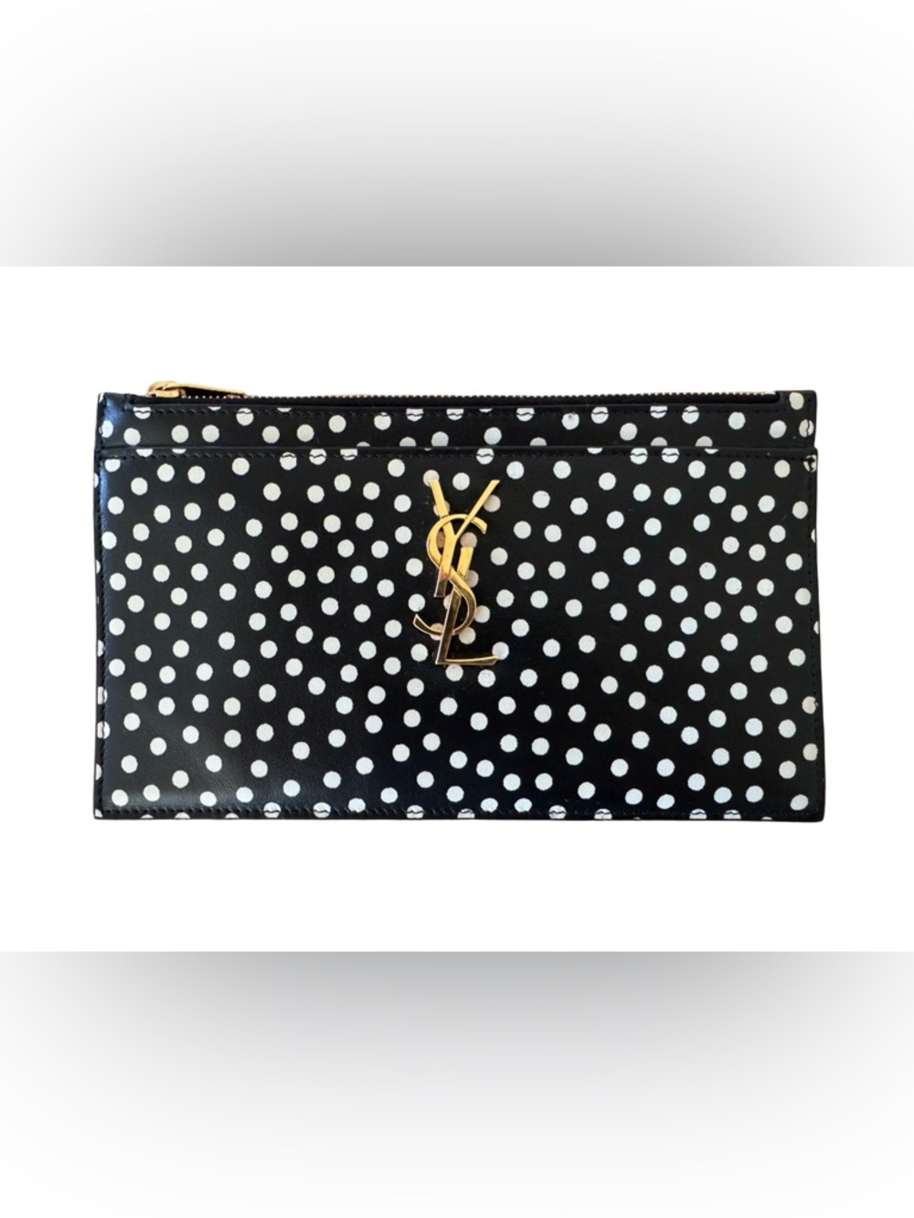 Authentic Saint Laurent Black Polka Dot YSL clutch with Gold Logo. Rare! - Picture 2 of 9